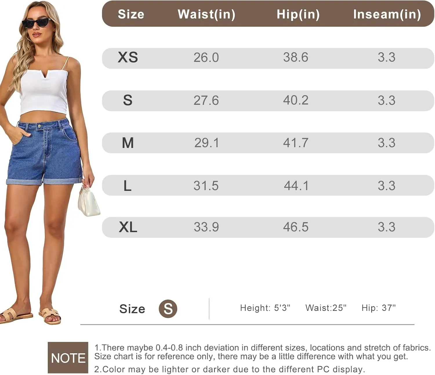 VIPONES Denim Shorts Women Summer Stretchy High Waisted Fold Hem Jean Shorts 3 Inch Inseam