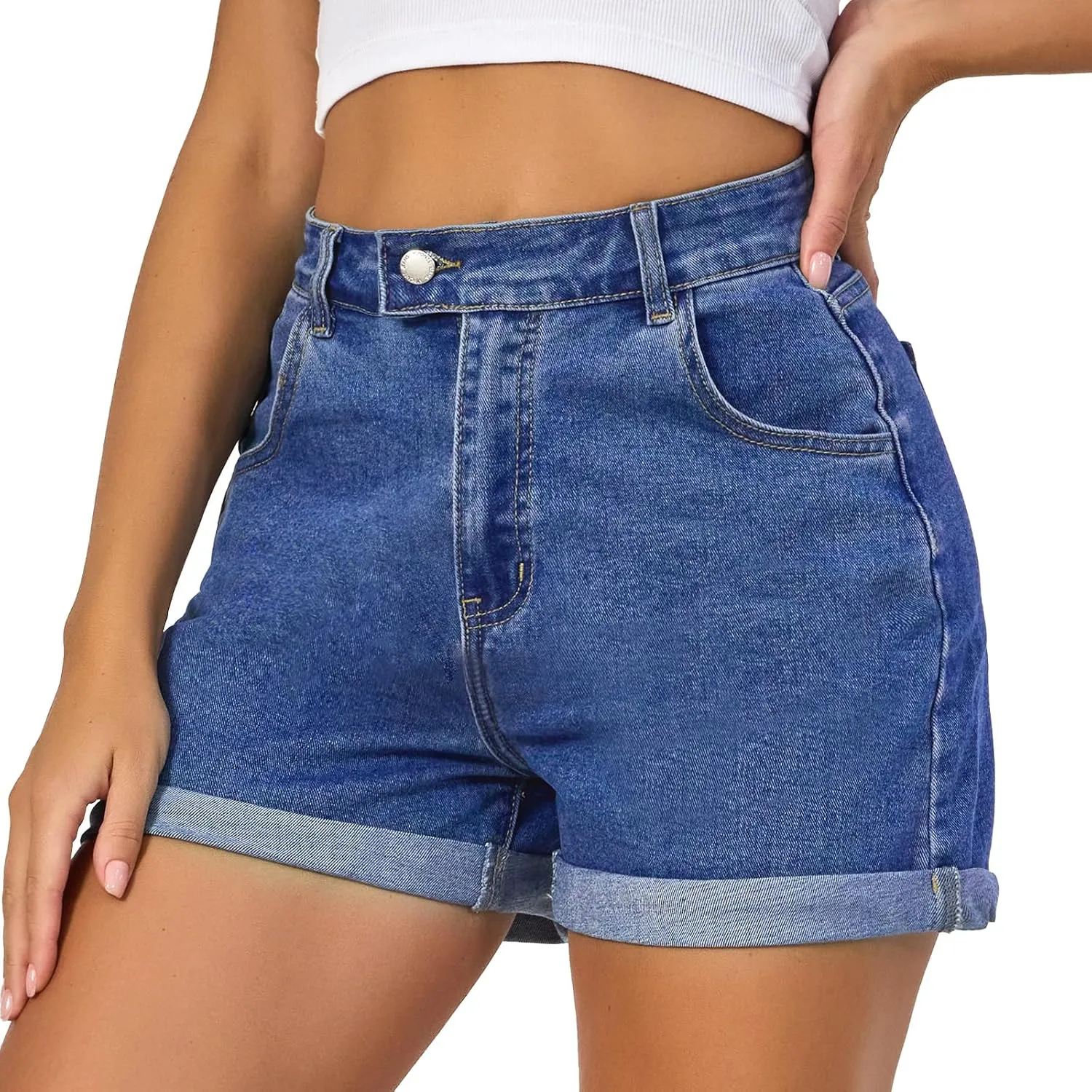 VIPONES Denim Shorts Women Summer Stretchy High Waisted Fold Hem Jean Shorts 3 Inch Inseam