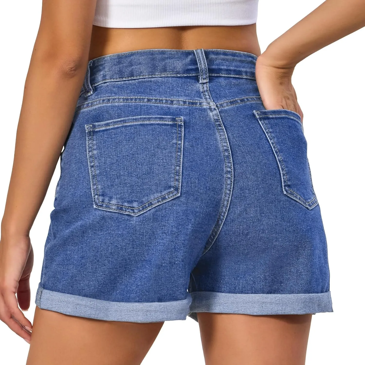 VIPONES Denim Shorts Women Summer Stretchy High Waisted Fold Hem Jean Shorts 3 Inch Inseam