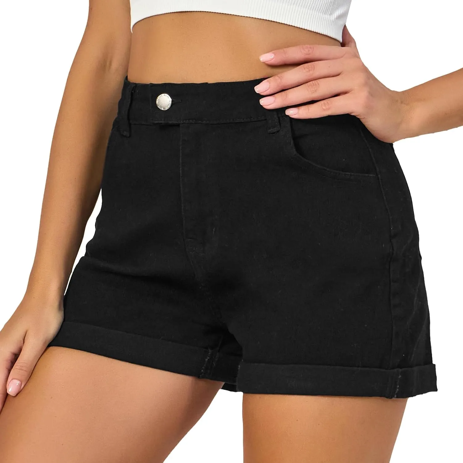 VIPONES Denim Shorts Women Summer Stretchy High Waisted Fold Hem Jean Shorts 3 Inch Inseam