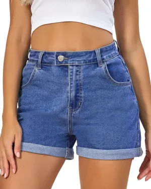 VIPONES Denim Shorts Women Summer Stretchy High Waisted Fold Hem Jean Shorts 3 Inch Inseam