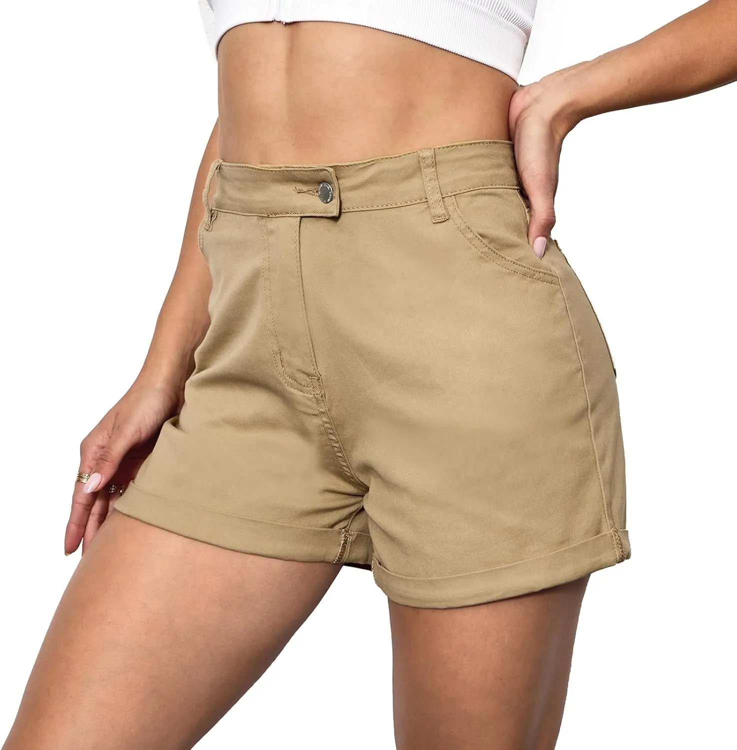 VIPONES Denim Shorts Women Summer Stretchy High Waisted Fold Hem Jean Shorts 3 Inch Inseam