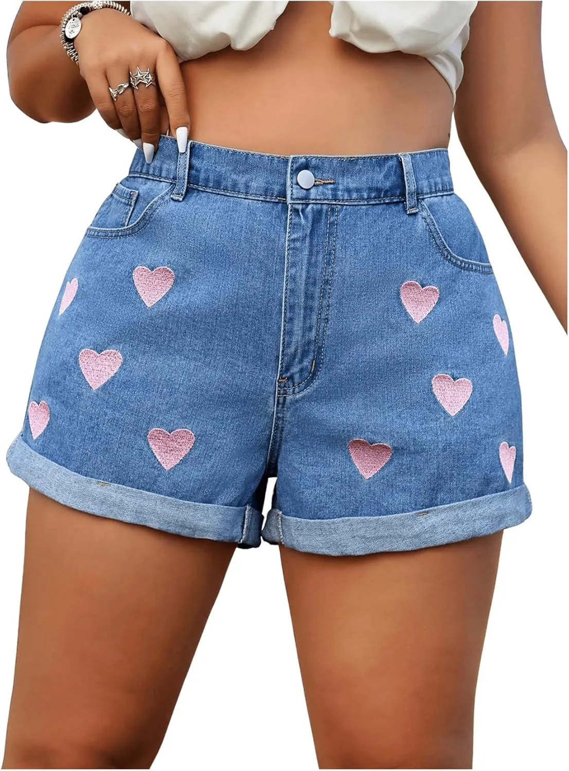 WDIRARA Women's Plus Size Heart Embroidered Denim Shorts Cuffed Hem High Waisted Jean Shorts