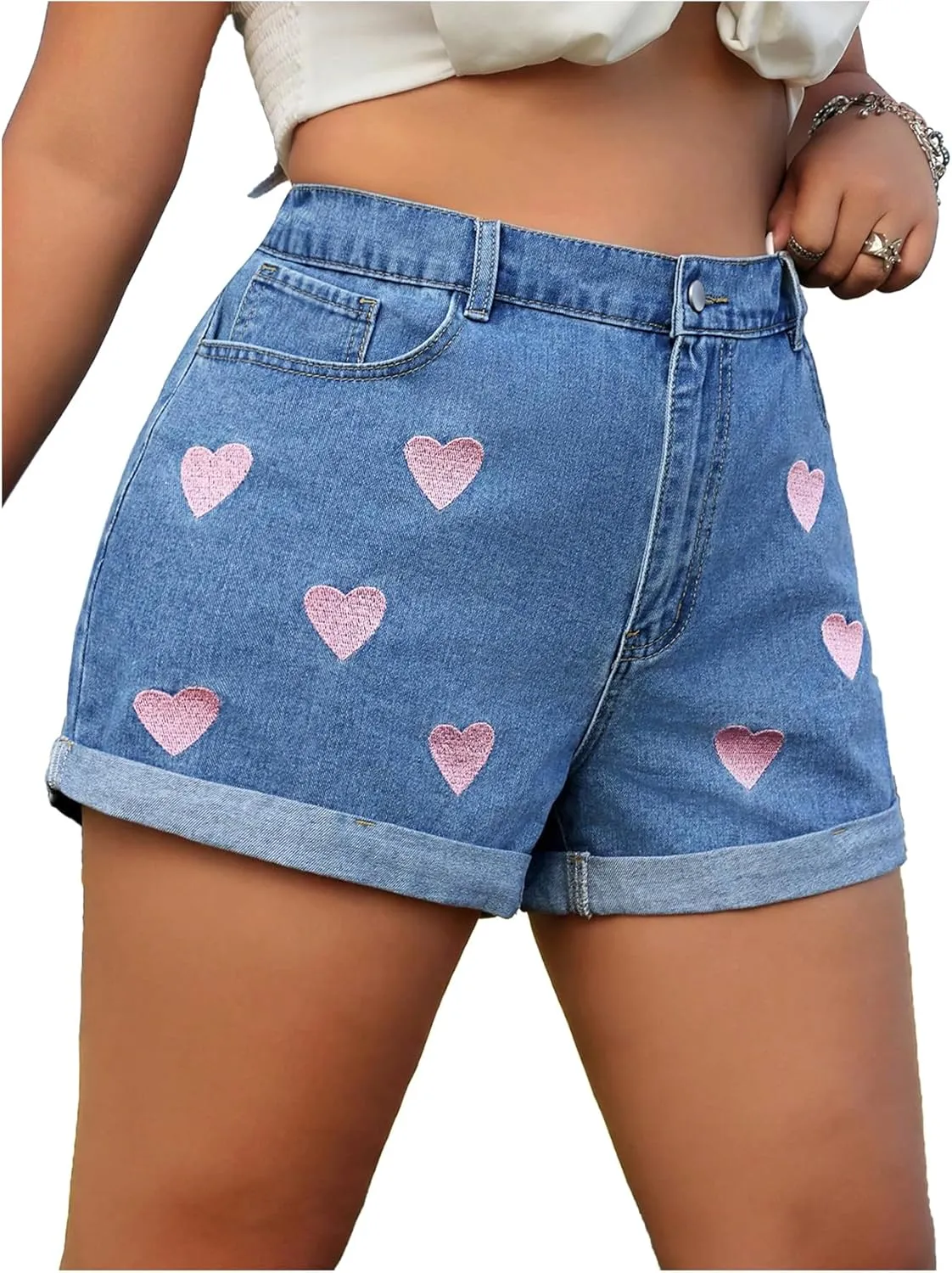 WDIRARA Women's Plus Size Heart Embroidered Denim Shorts Cuffed Hem High Waisted Jean Shorts