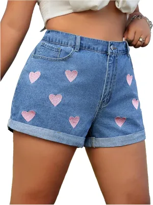 WDIRARA Women's Plus Size Heart Embroidered Denim Shorts Cuffed Hem High Waisted Jean Shorts