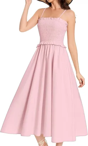 Wedding Guest Dress for Women Summer Maxi Dress Spaghetti Strap High Waist Dresses A Line Smocked Beach Dresses