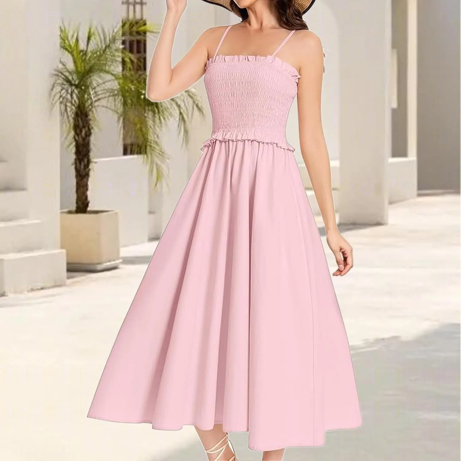Wedding Guest Dress for Women Summer Maxi Dress Spaghetti Strap High Waist Dresses A Line Smocked Beach Dresses