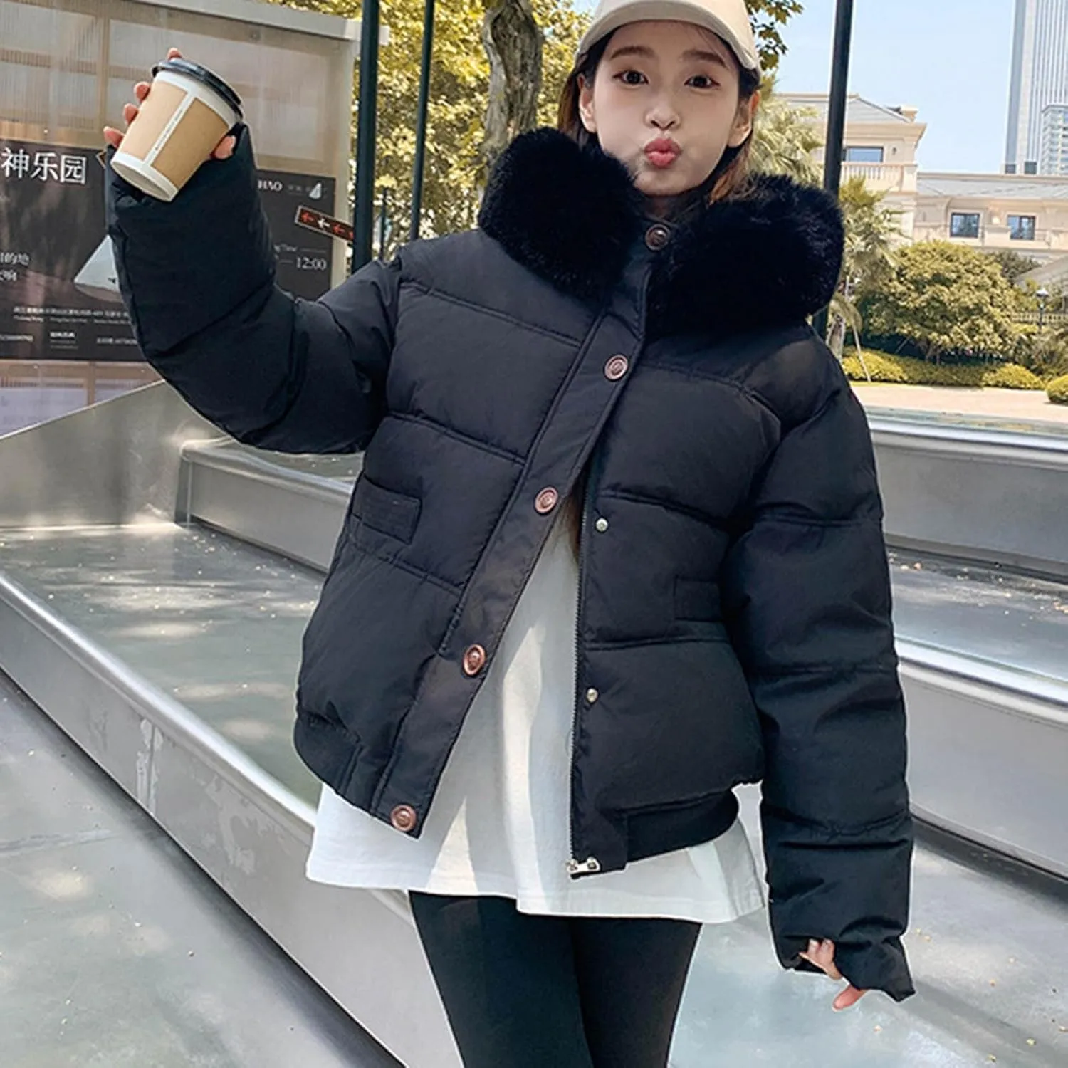 Winter Coat for Women Full Zip Warm Parka Coat Fashion Detachable Hooded Puffer Jackets Stylish Padded Down Coat