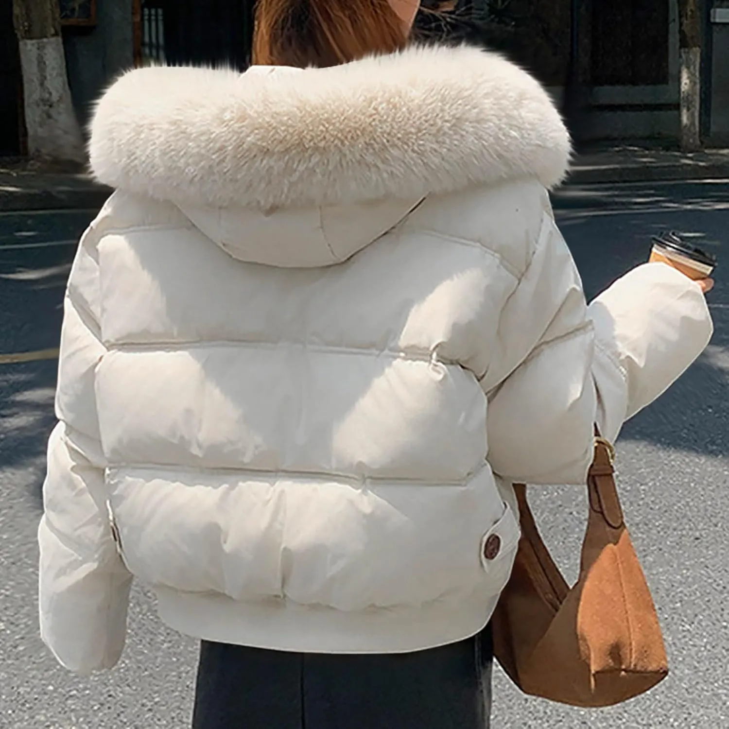 Winter Coat for Women Full Zip Warm Parka Coat Fashion Detachable Hooded Puffer Jackets Stylish Padded Down Coat