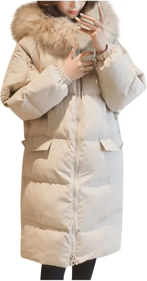 Winter Coats for Women Quilted Puffer Jacket Thickened Oversized Zipper Down Coat Warm Hooded Outerwear with Fur Trim