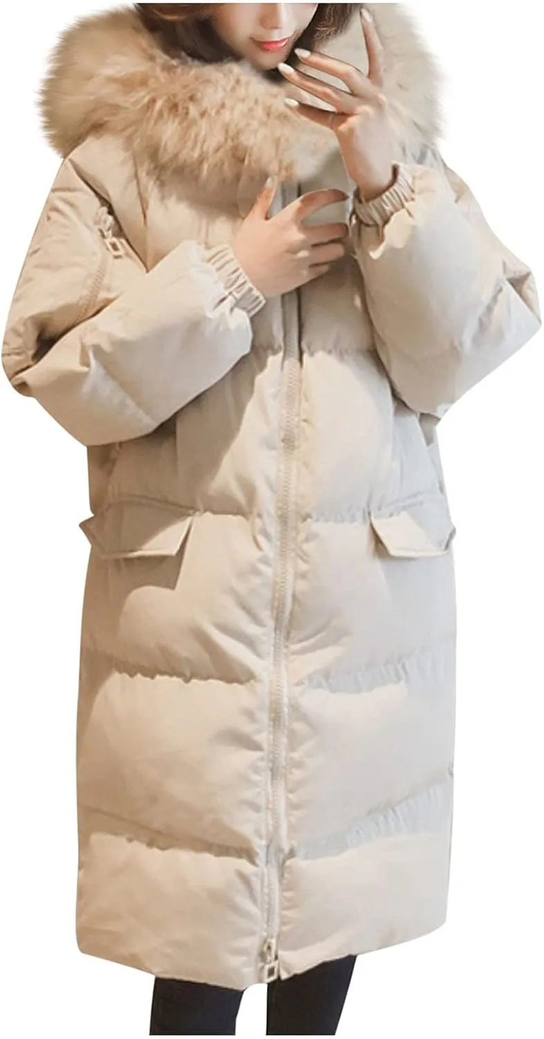 Winter Coats for Women Quilted Puffer Jacket Thickened Oversized Zipper Down Coat Warm Hooded Outerwear with Fur Trim