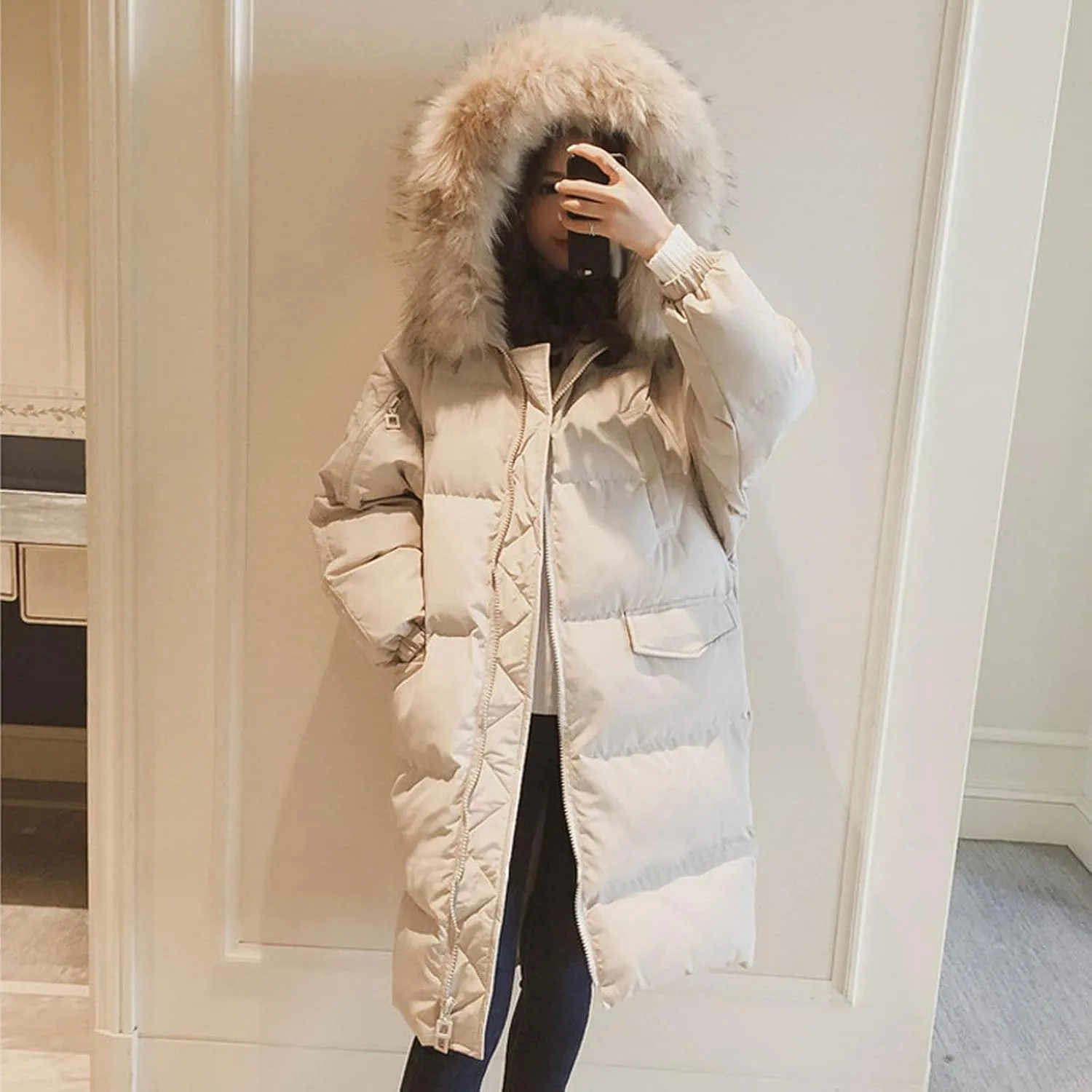 Winter Coats for Women Quilted Puffer Jacket Thickened Oversized Zipper Down Coat Warm Hooded Outerwear with Fur Trim