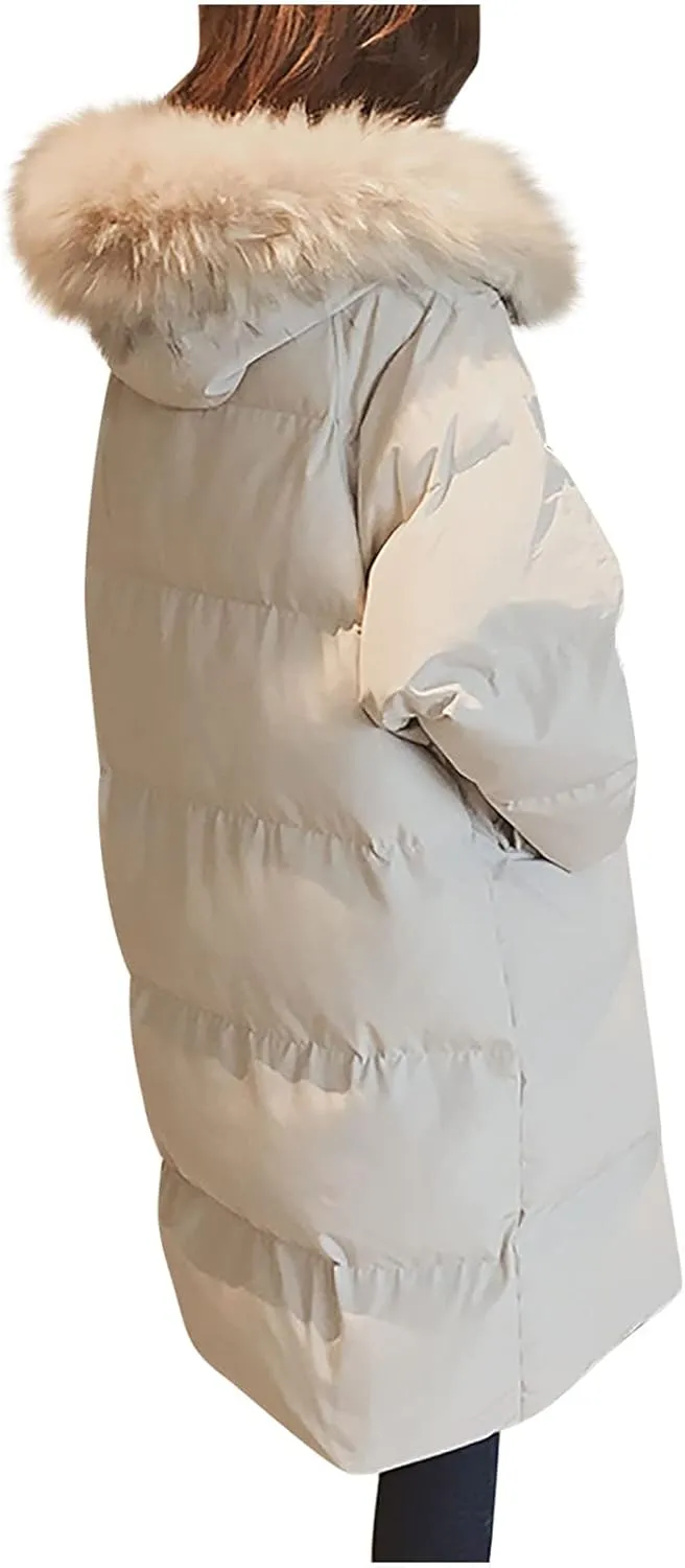 Winter Coats for Women Quilted Puffer Jacket Thickened Oversized Zipper Down Coat Warm Hooded Outerwear with Fur Trim
