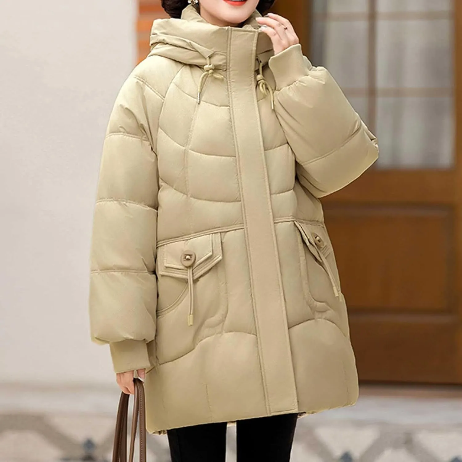 Winter Full Zip Parka Down Jacket for Ladies Solid Color Warm Puffer Jackets Long Sleeve Detachable Hood Casual Coat
