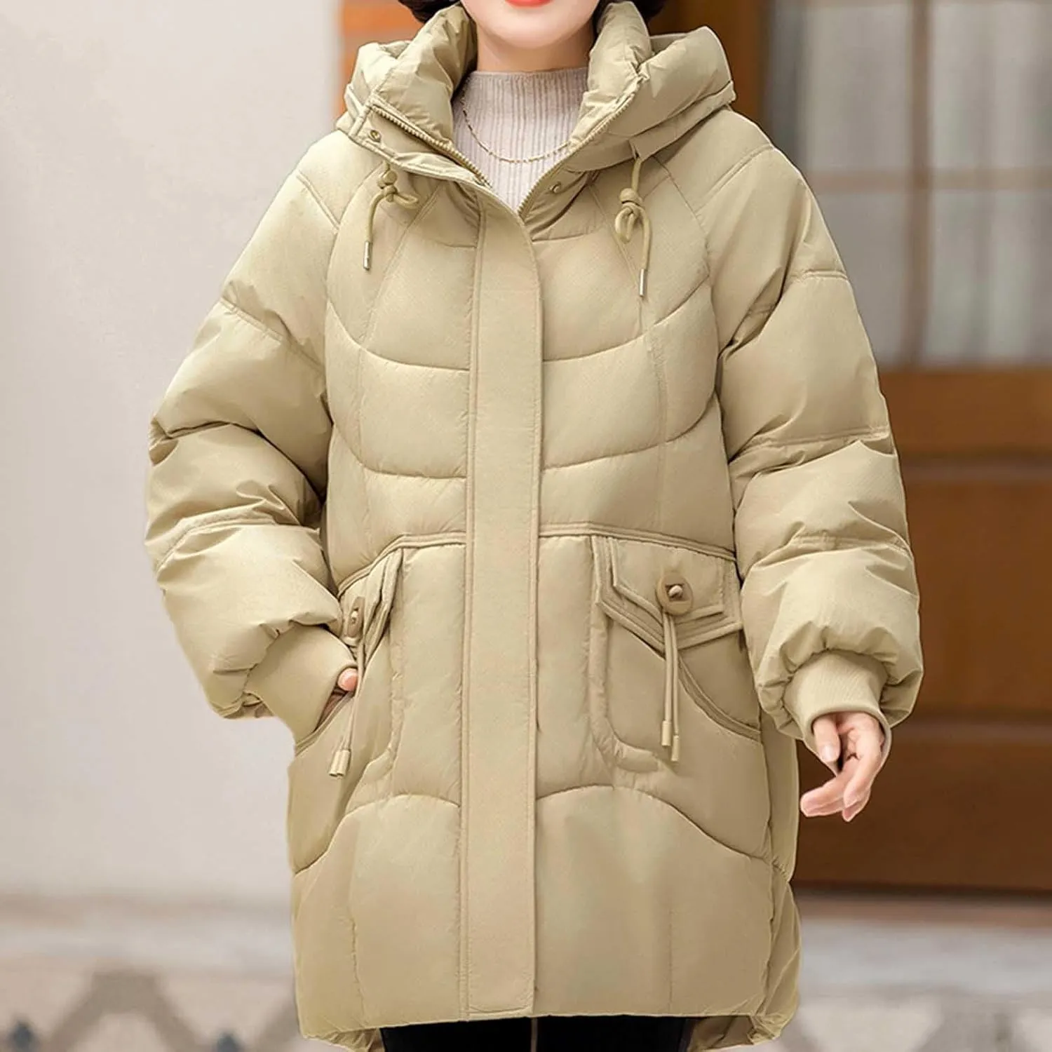 Winter Full Zip Parka Down Jacket for Ladies Solid Color Warm Puffer Jackets Long Sleeve Detachable Hood Casual Coat