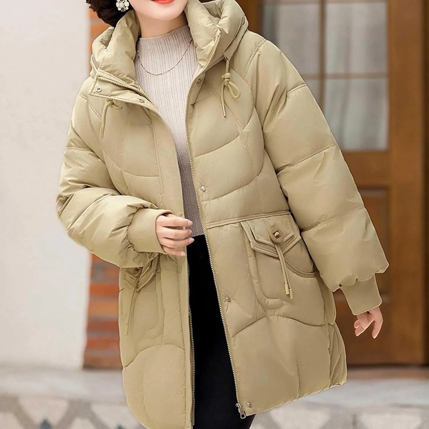 Winter Full Zip Parka Down Jacket for Ladies Solid Color Warm Puffer Jackets Long Sleeve Detachable Hood Casual Coat