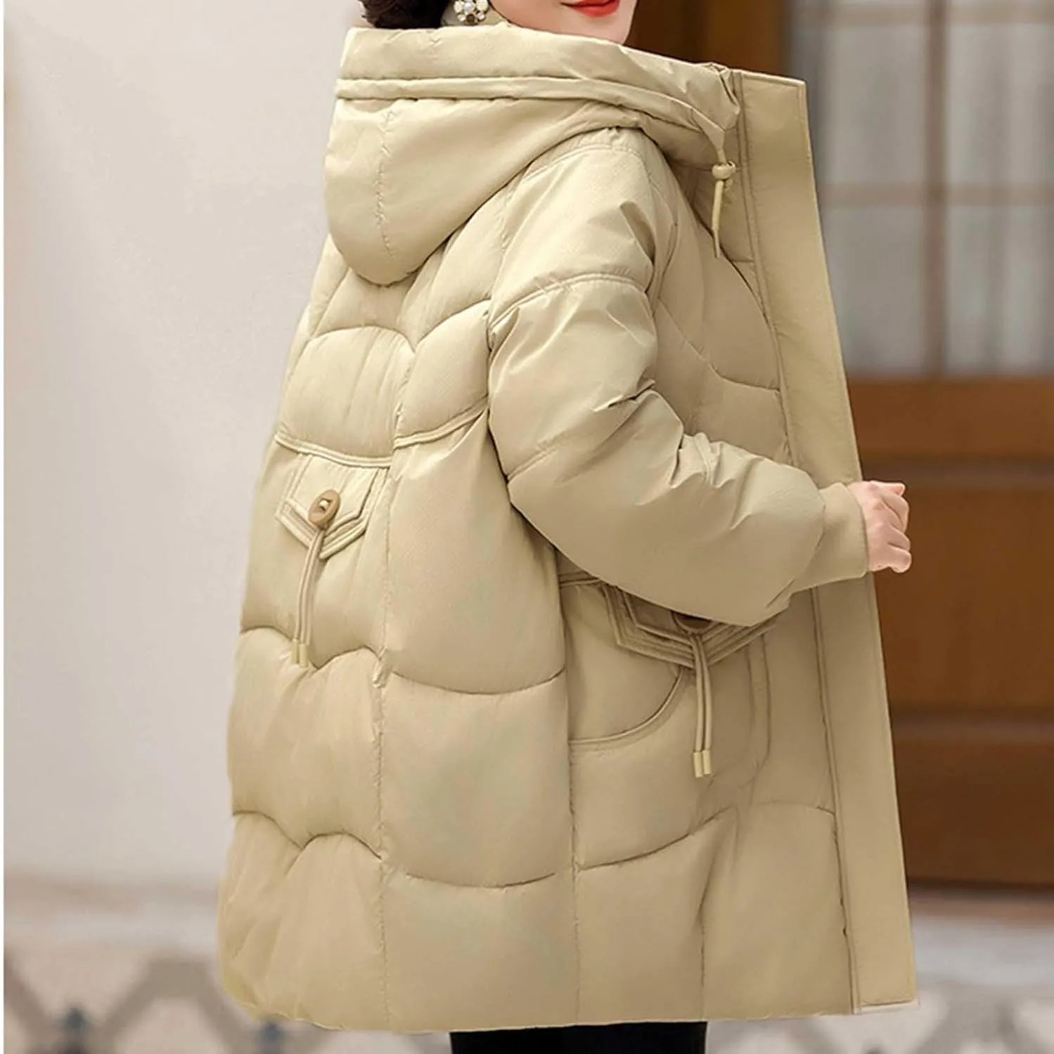 Winter Full Zip Parka Down Jacket for Ladies Solid Color Warm Puffer Jackets Long Sleeve Detachable Hood Casual Coat