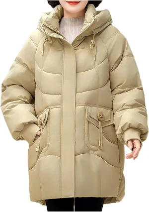Winter Full Zip Parka Down Jacket for Ladies Solid Color Warm Puffer Jackets Long Sleeve Detachable Hood Casual Coat