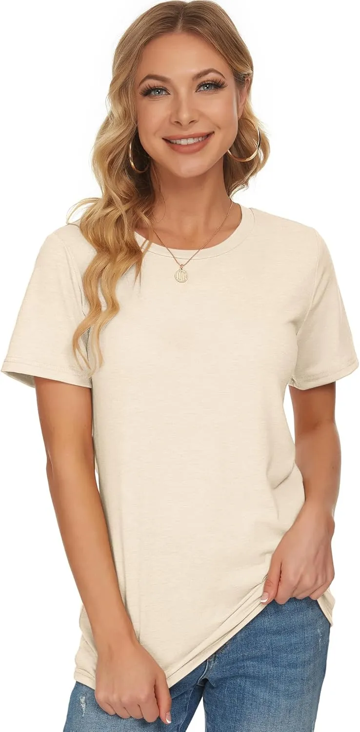 WNEEDU Womens T Shirts Short Sleeve Crewneck Loose Summer Tees Basic Tops