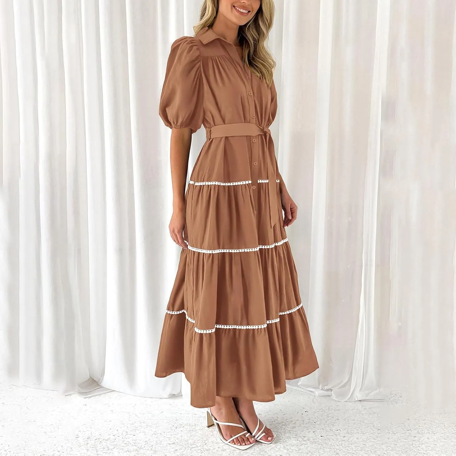 Women 2025 Summer Puff Sleeve Dresses Casual Tiered Ruffle Maxi Dress Ladies Elegant Lace-Up Waist Shirt Dress