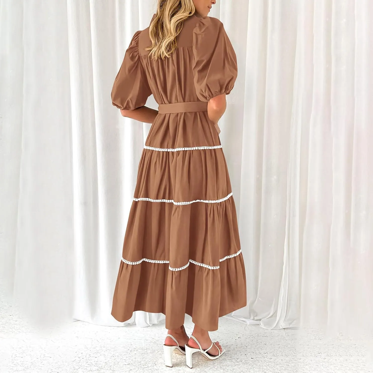 Women 2025 Summer Puff Sleeve Dresses Casual Tiered Ruffle Maxi Dress Ladies Elegant Lace-Up Waist Shirt Dress