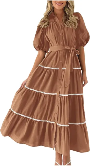 Women 2025 Summer Puff Sleeve Dresses Casual Tiered Ruffle Maxi Dress Ladies Elegant Lace-Up Waist Shirt Dress