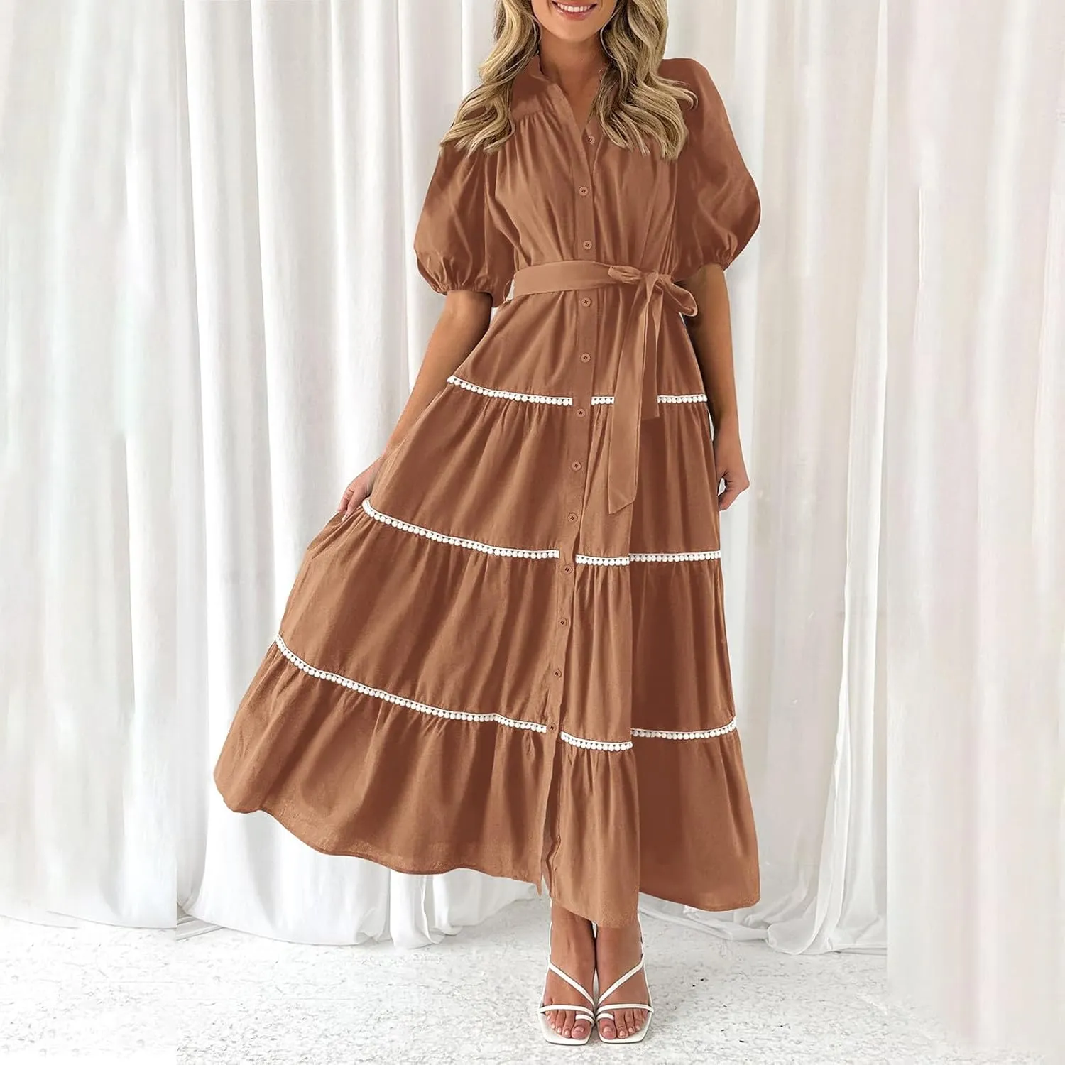 Women 2025 Summer Puff Sleeve Dresses Casual Tiered Ruffle Maxi Dress Ladies Elegant Lace-Up Waist Shirt Dress