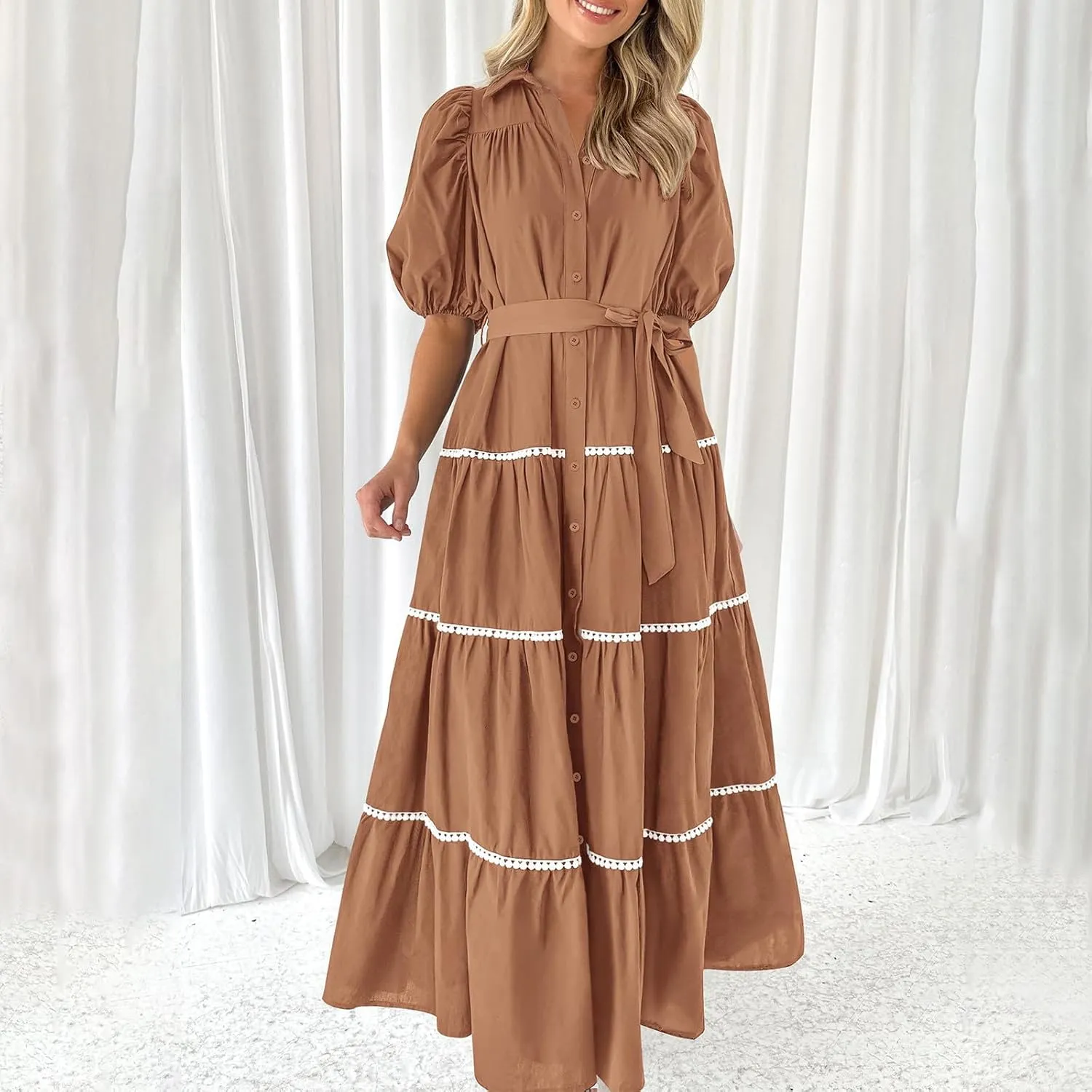 Women 2025 Summer Puff Sleeve Dresses Casual Tiered Ruffle Maxi Dress Ladies Elegant Lace-Up Waist Shirt Dress