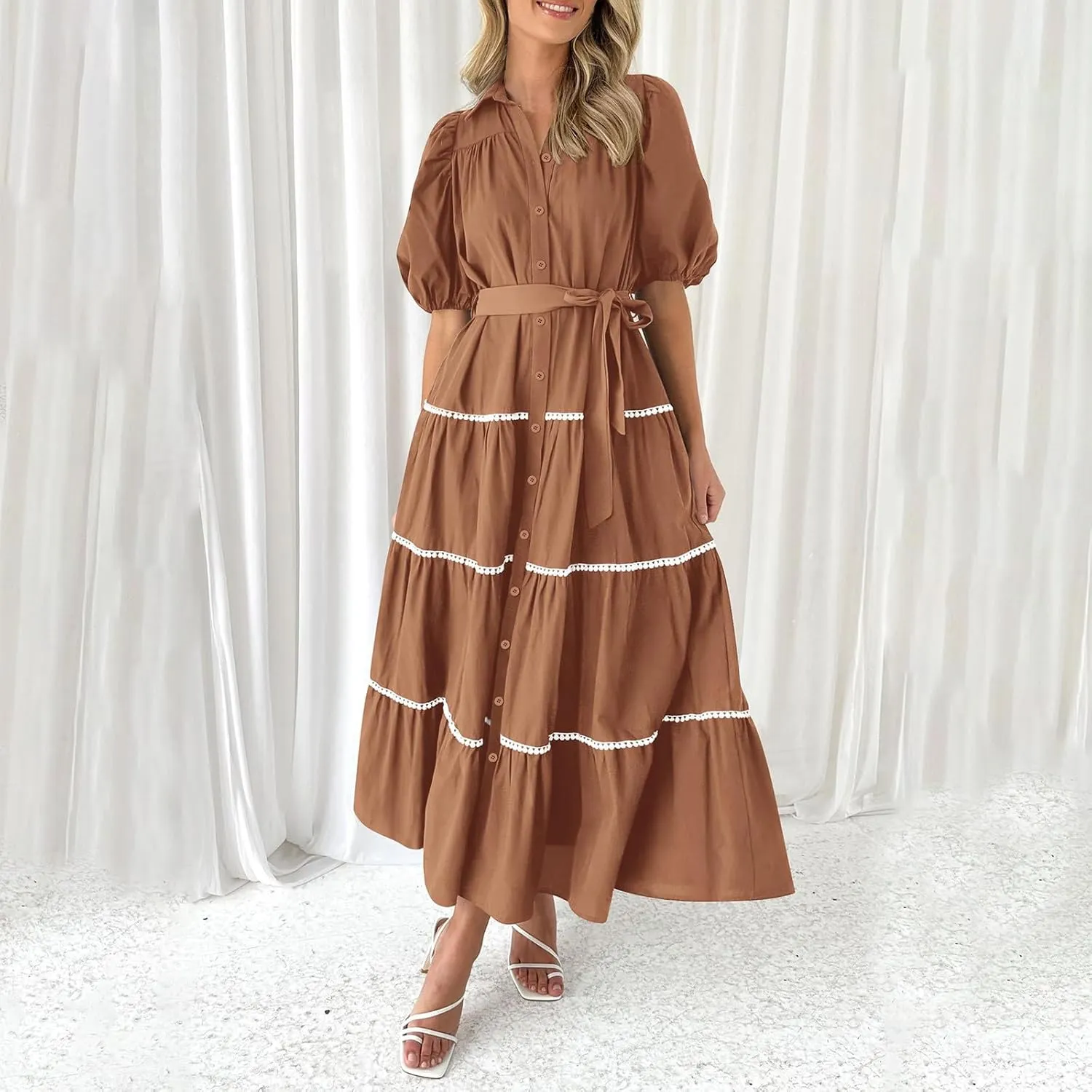 Women 2025 Summer Puff Sleeve Dresses Casual Tiered Ruffle Maxi Dress Ladies Elegant Lace-Up Waist Shirt Dress