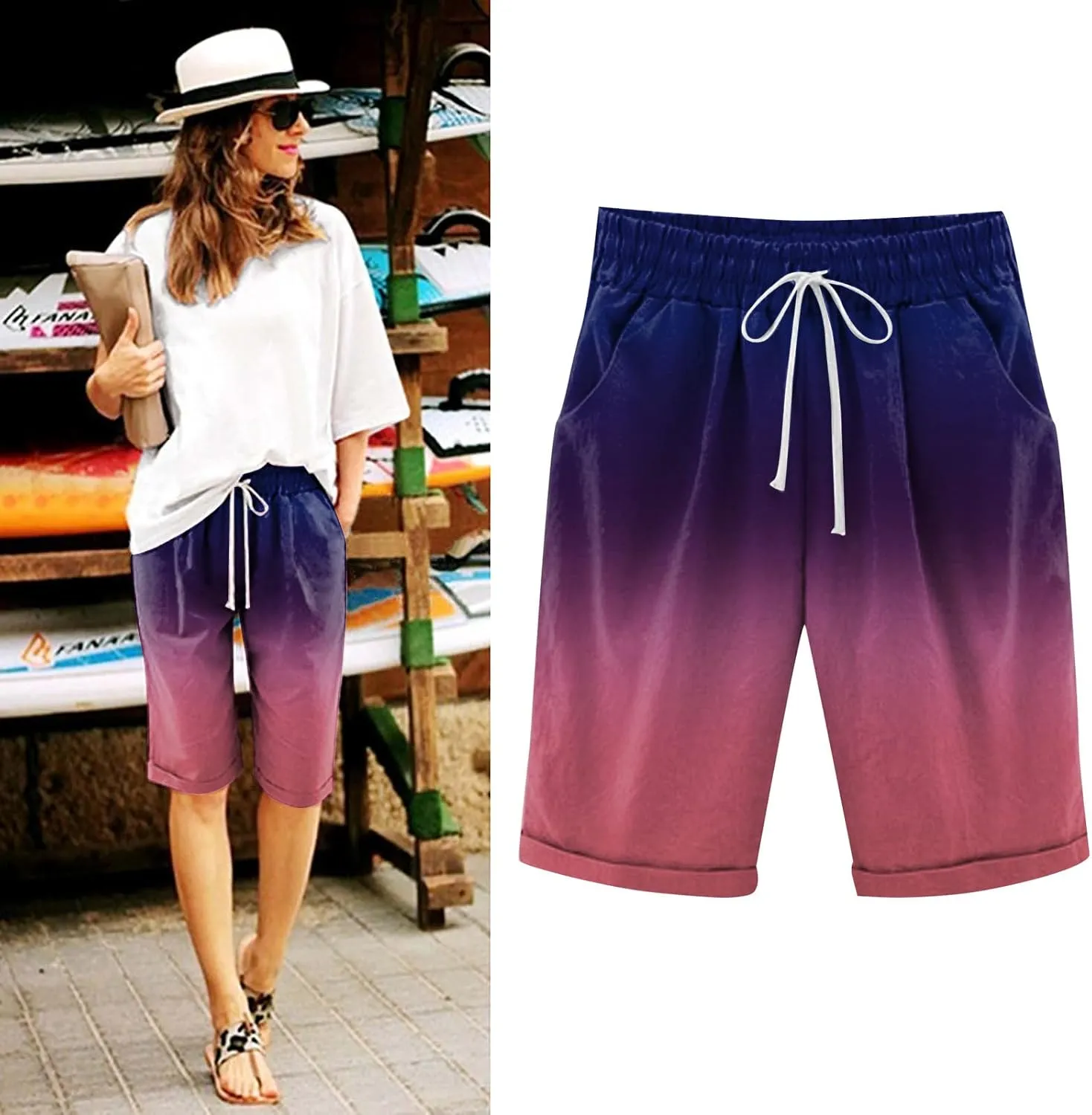 Women Casual Shorts 2025 Trendy Drawstring Comfy Elastic Waist Shorts Mid-Rise Slim-Fit Cuffed Hem Bermuda Short with Pockets