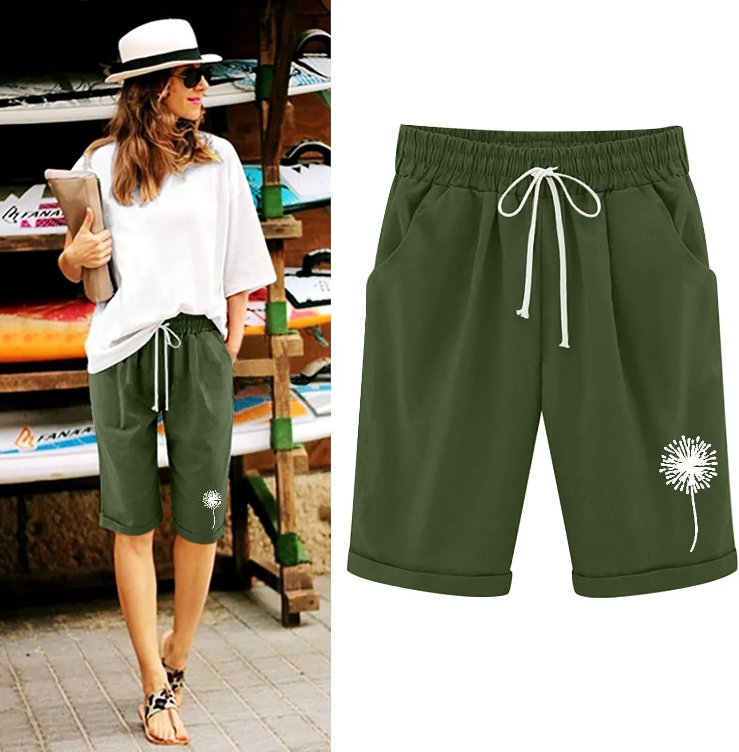 Women Casual Shorts 2025 Trendy Drawstring Comfy Elastic Waist Shorts Mid-Rise Slim-Fit Cuffed Hem Bermuda Short with Pockets