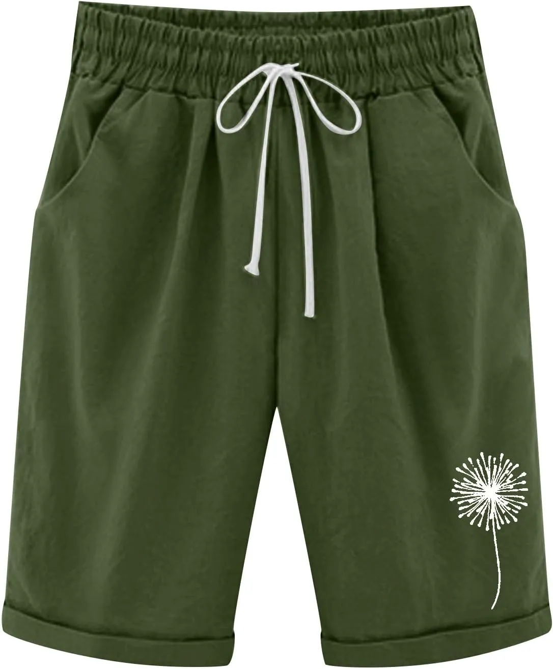 Women Casual Shorts 2025 Trendy Drawstring Comfy Elastic Waist Shorts Mid-Rise Slim-Fit Cuffed Hem Bermuda Short with Pockets