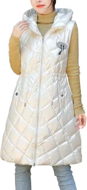 Women Casual Solid Jacket Hooded Vest Zipper Pocket Loose Sleeveless Jacket Long Coat Chambray Utility Jacket
