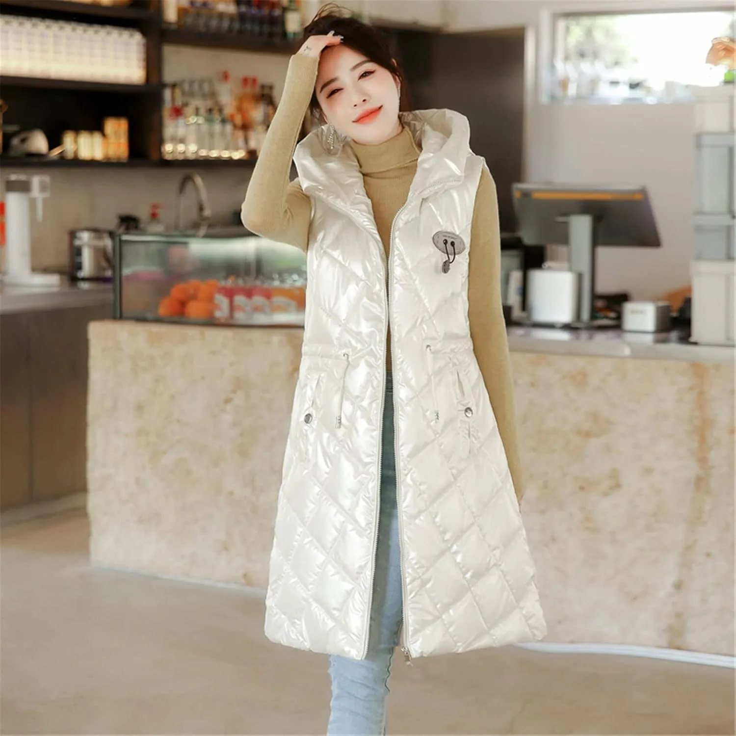 Women Casual Solid Jacket Hooded Vest Zipper Pocket Loose Sleeveless Jacket Long Coat Chambray Utility Jacket