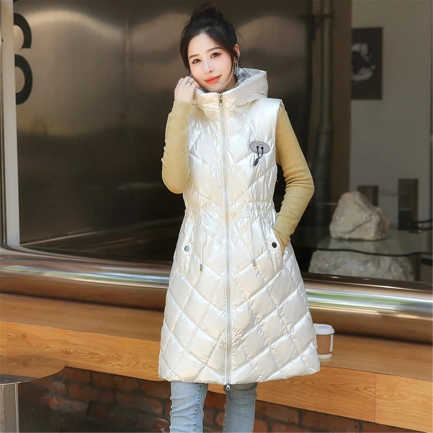 Women Casual Solid Jacket Hooded Vest Zipper Pocket Loose Sleeveless Jacket Long Coat Chambray Utility Jacket