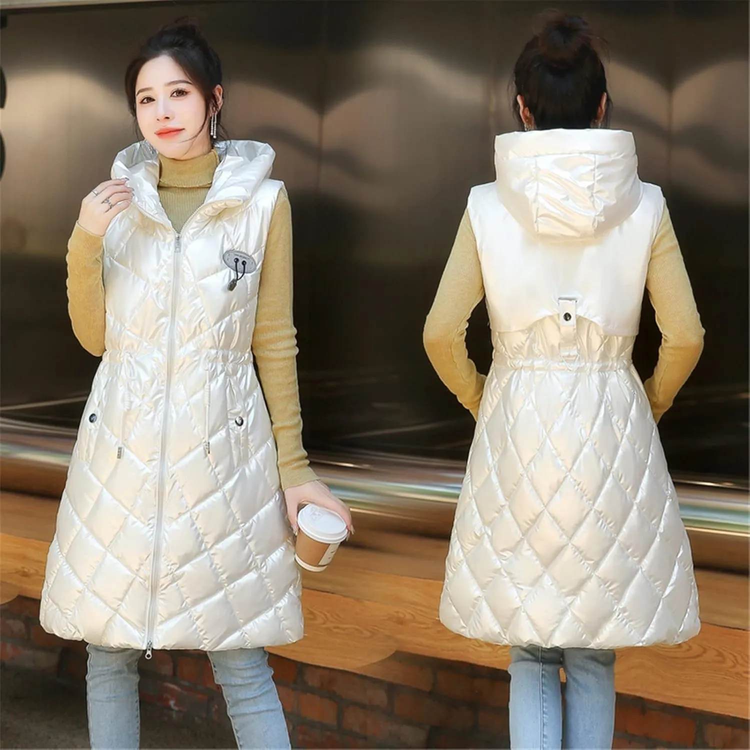 Women Casual Solid Jacket Hooded Vest Zipper Pocket Loose Sleeveless Jacket Long Coat Chambray Utility Jacket