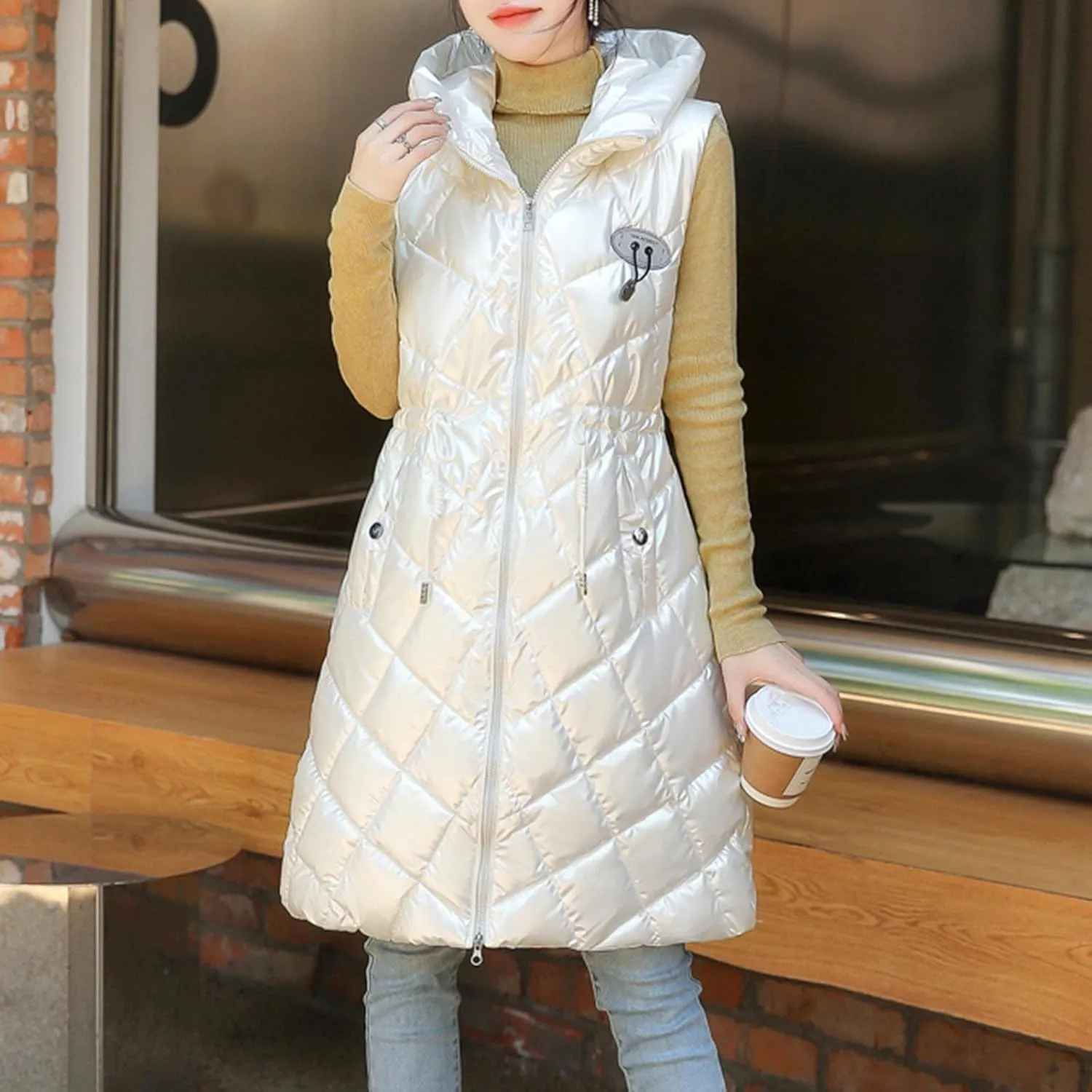 Women Casual Solid Jacket Hooded Vest Zipper Pocket Loose Sleeveless Jacket Long Coat Chambray Utility Jacket