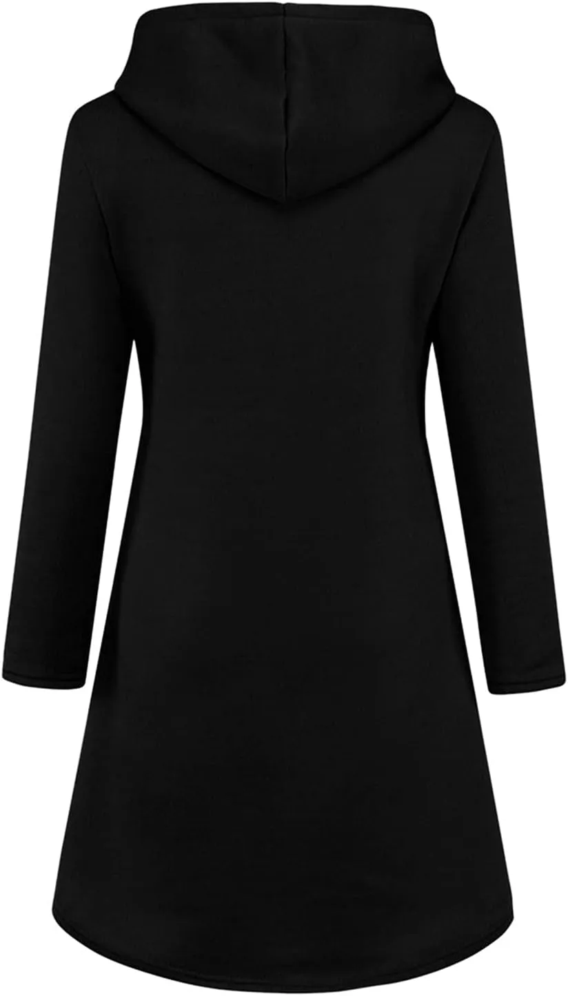 Women Drawstring Hoodie Dress Christmas Print Casual Long Sleeve Loose Lightweight Hooded Sweatshirts Jumper Dress