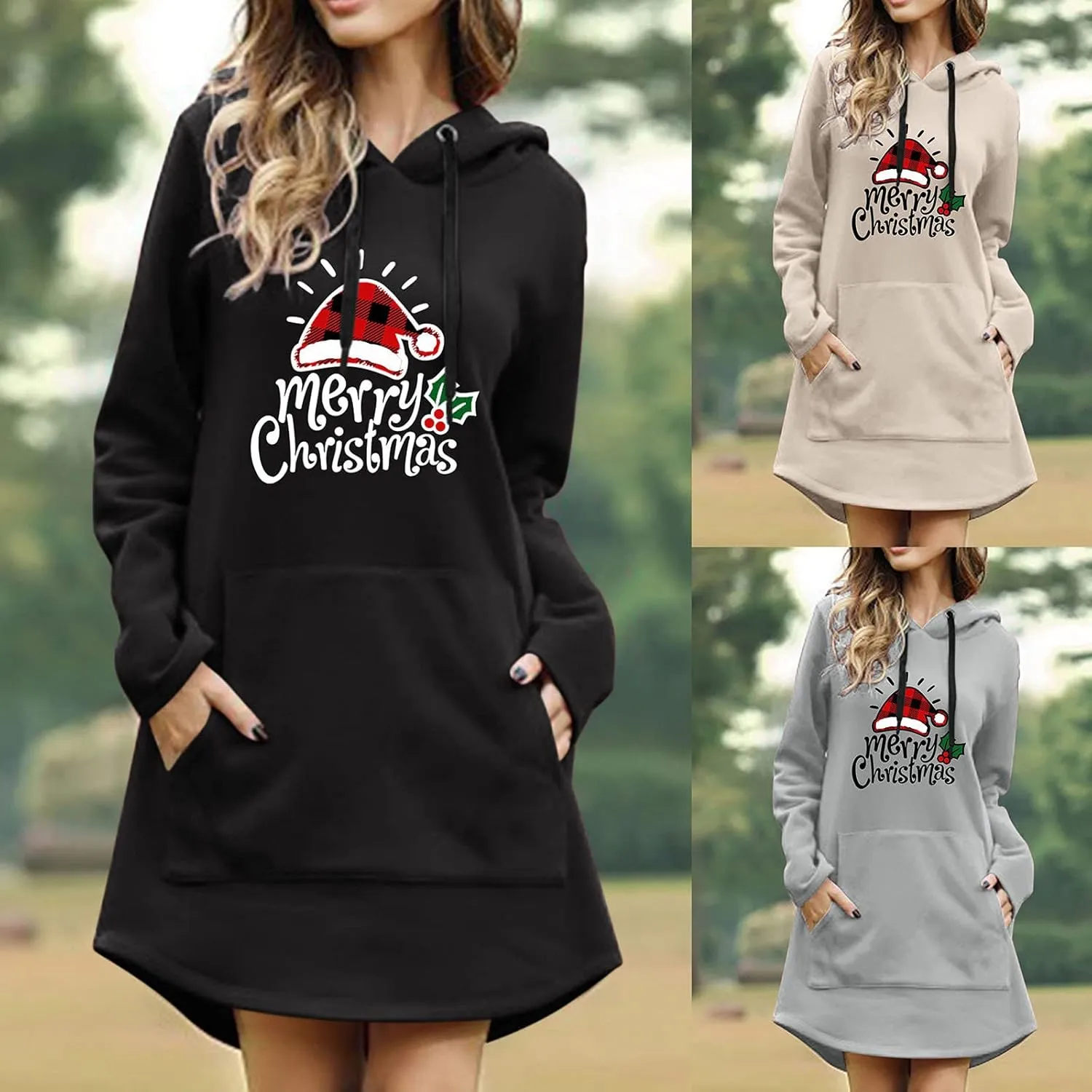 Women Drawstring Hoodie Dress Christmas Print Casual Long Sleeve Loose Lightweight Hooded Sweatshirts Jumper Dress