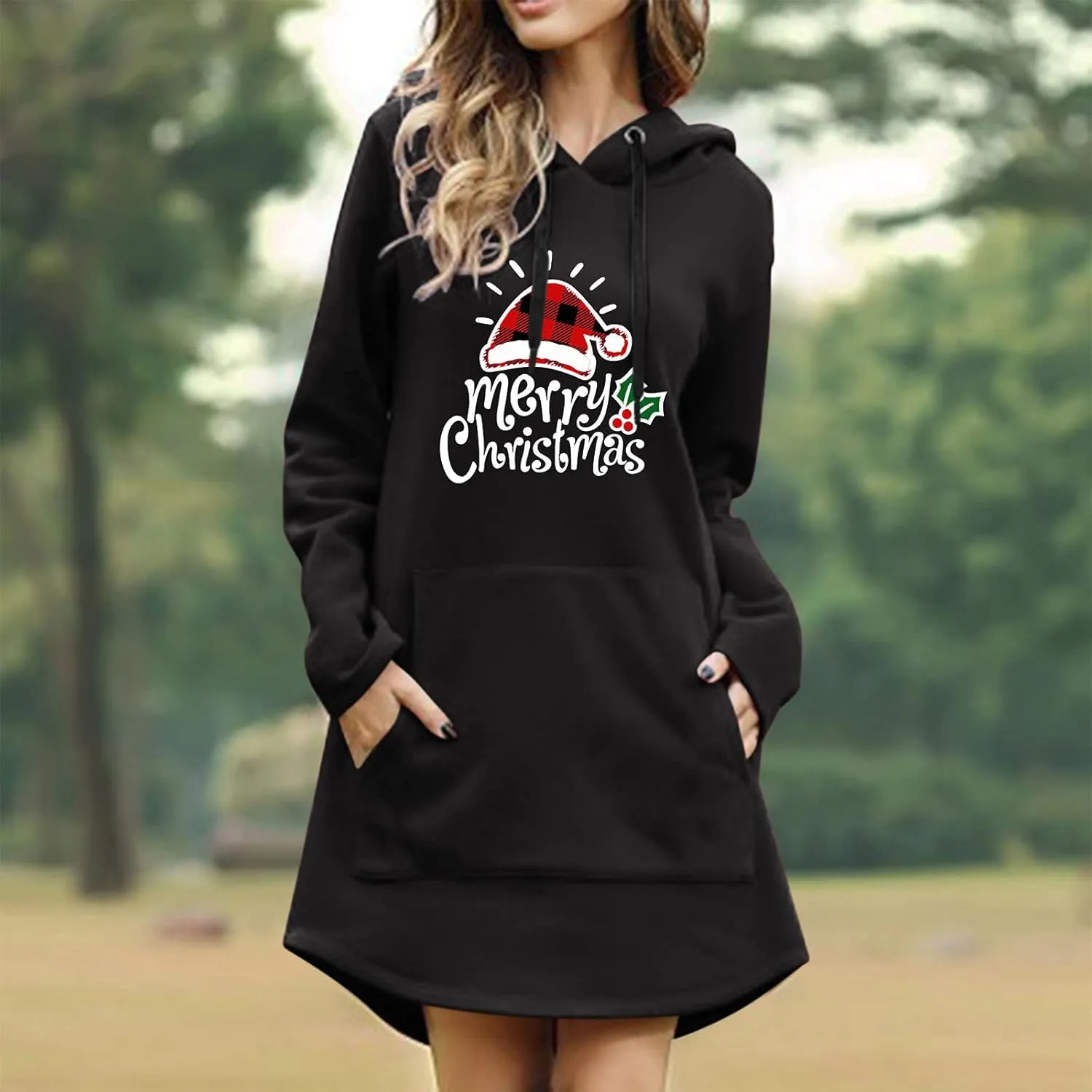 Women Drawstring Hoodie Dress Christmas Print Casual Long Sleeve Loose Lightweight Hooded Sweatshirts Jumper Dress