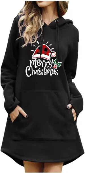 Women Drawstring Hoodie Dress Christmas Print Casual Long Sleeve Loose Lightweight Hooded Sweatshirts Jumper Dress