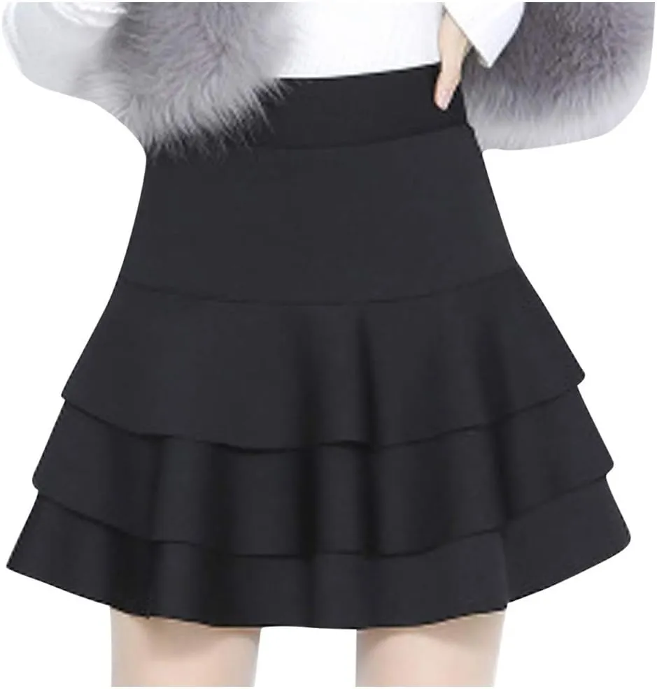 Women Elastic High Waist Skirt Mini Skirts Ruffle Layered Pleated Skirts Solid Casual Three-Layer Base Women