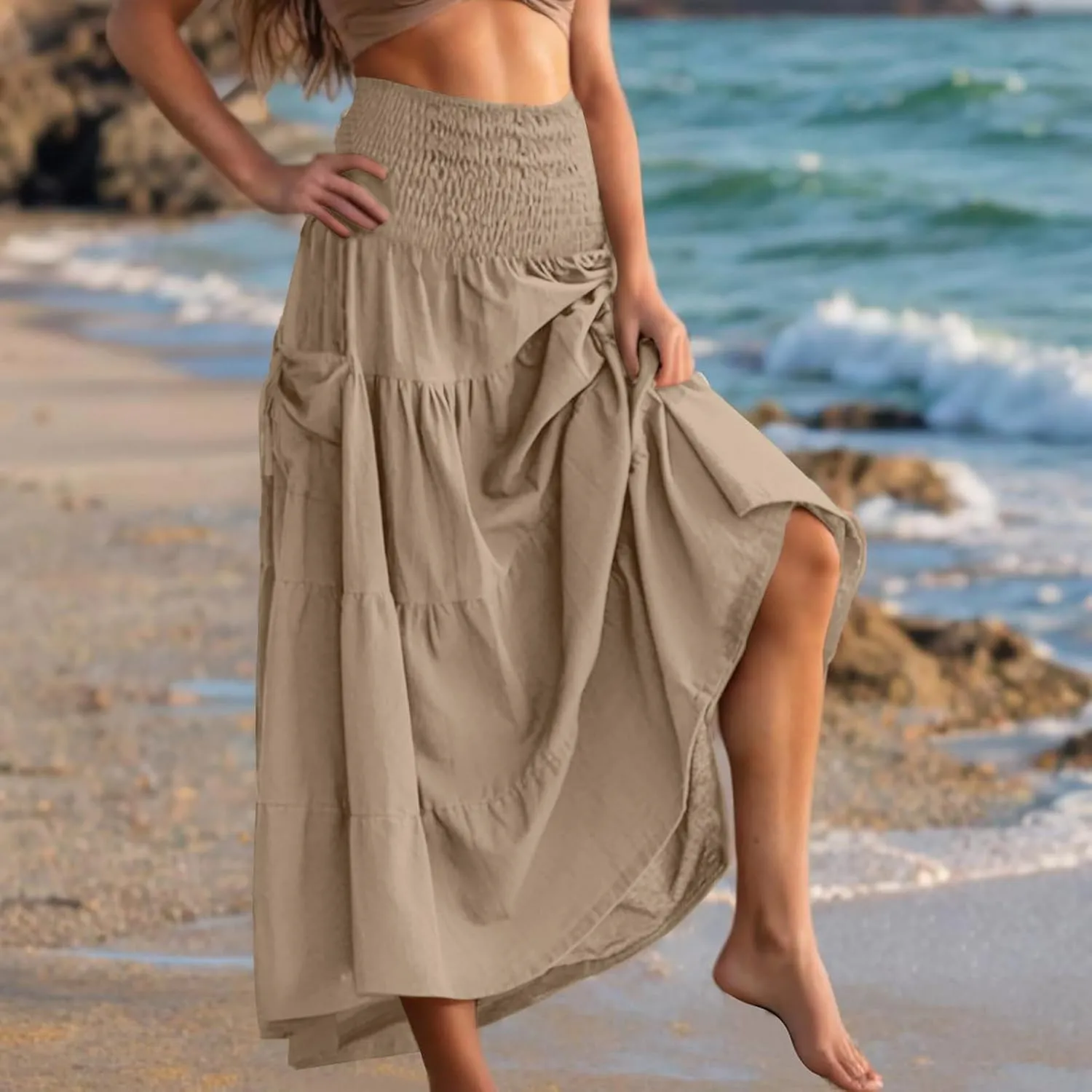 Women Fashion Beach Skirt Summer Solid Boho Flowy Tiered A-Line Skirts Casual Drawstring Elastic Waist Pleated Skirt