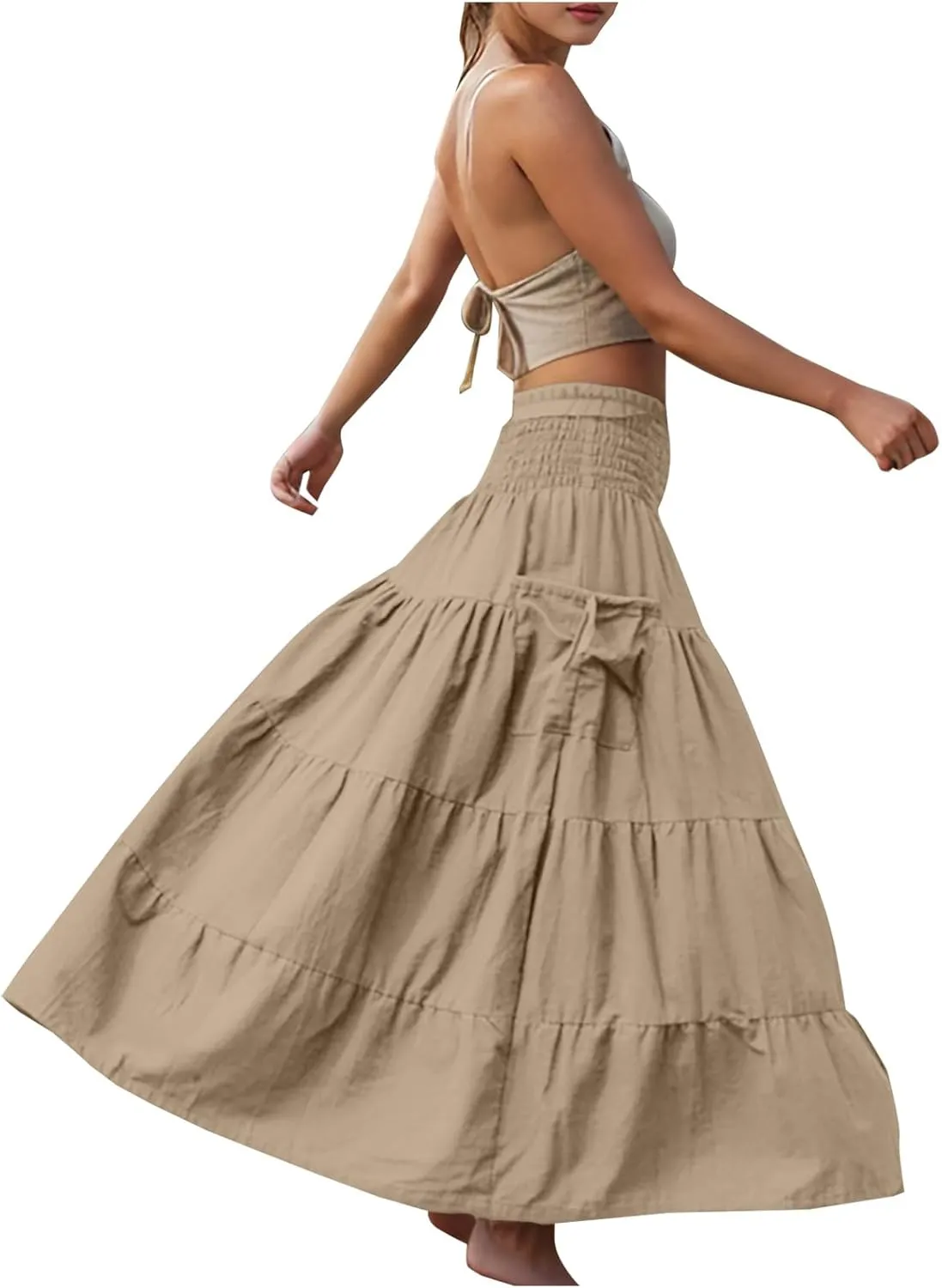 Women Fashion Beach Skirt Summer Solid Boho Flowy Tiered A-Line Skirts Casual Drawstring Elastic Waist Pleated Skirt