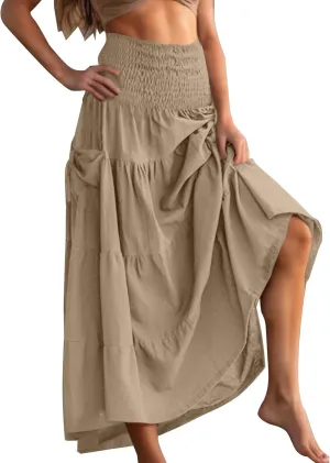 Women Fashion Beach Skirt Summer Solid Boho Flowy Tiered A-Line Skirts Casual Drawstring Elastic Waist Pleated Skirt