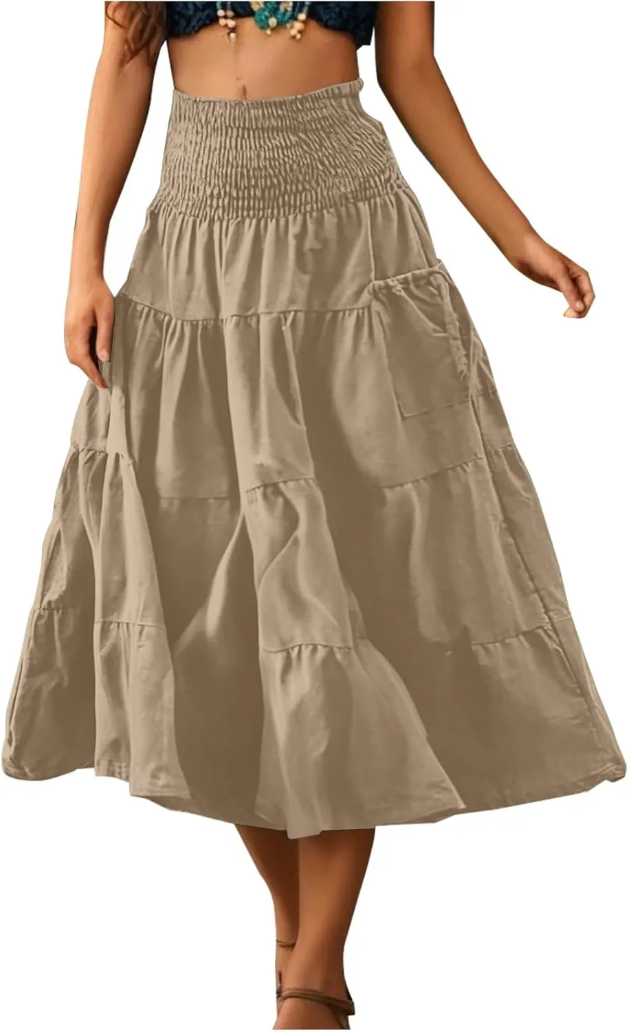 Women Fashion Beach Skirt Summer Solid Boho Flowy Tiered A-Line Skirts Casual Drawstring Elastic Waist Pleated Skirt