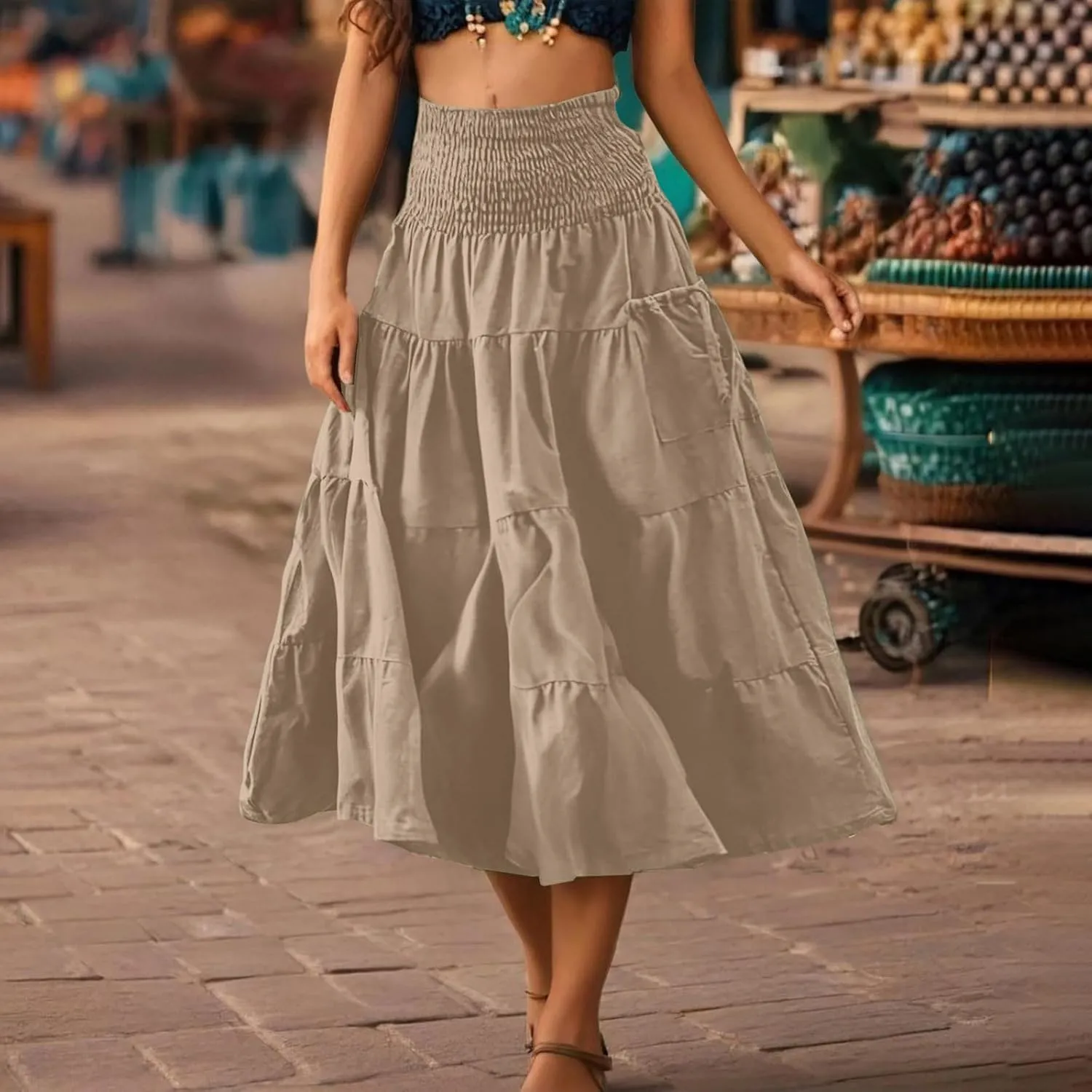 Women Fashion Beach Skirt Summer Solid Boho Flowy Tiered A-Line Skirts Casual Drawstring Elastic Waist Pleated Skirt