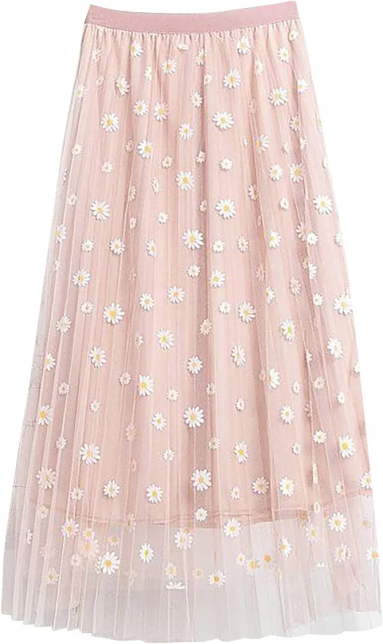 Women Floral Daisies Printed Skirt Pleated Mesh Elastic Waist Skirt Double Layer Swing A-Line Tulle Skirt