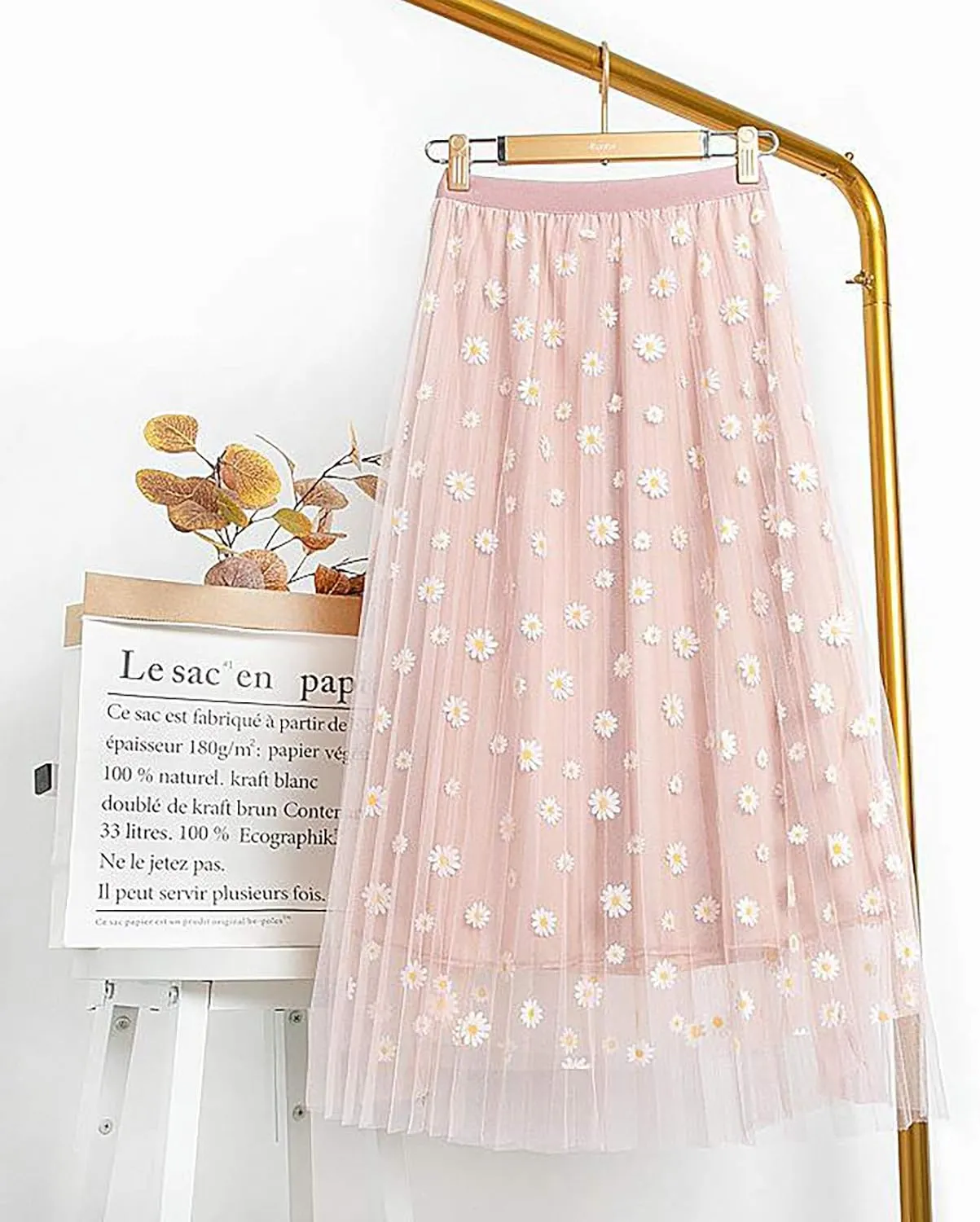 Women Floral Daisies Printed Skirt Pleated Mesh Elastic Waist Skirt Double Layer Swing A-Line Tulle Skirt