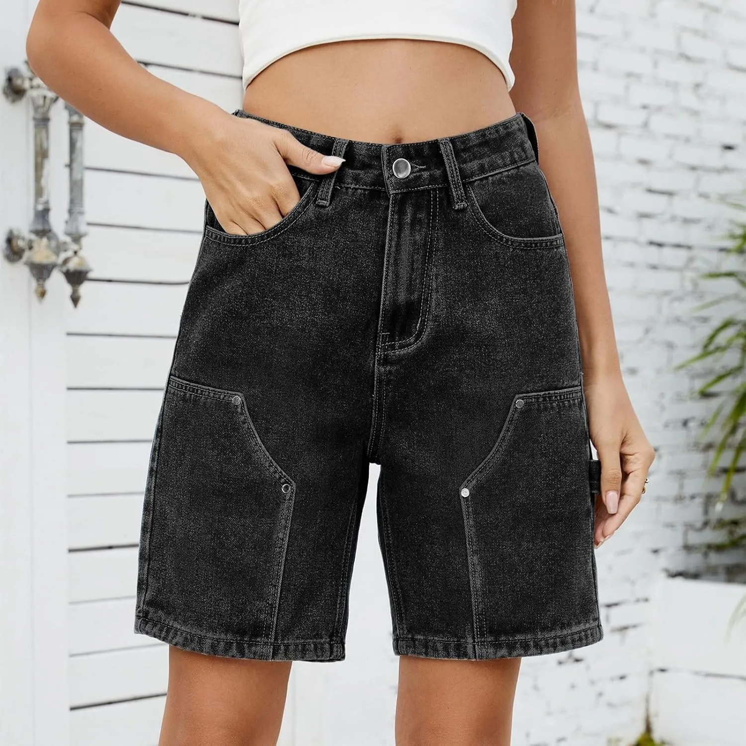 Women Jean Shorts High Rise Petite Wide Leg Short Pants with Pocket Vacation Casual Outfits